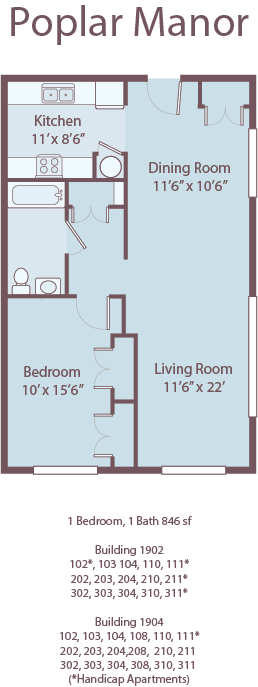 Floor plan for 1 bed, 1 bath, 846 sqft